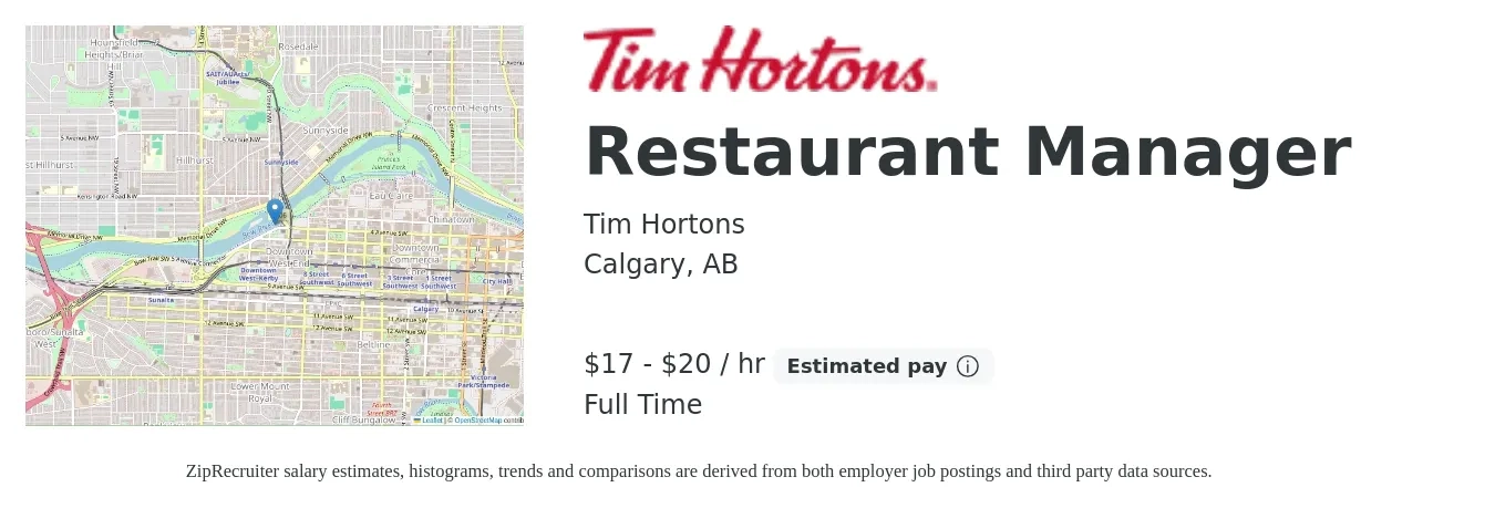 Tim Hortons job posting for a Restaurant Manager in Calgary, AB with a salary of $18 to $21 Hourly with a map of Calgary location.