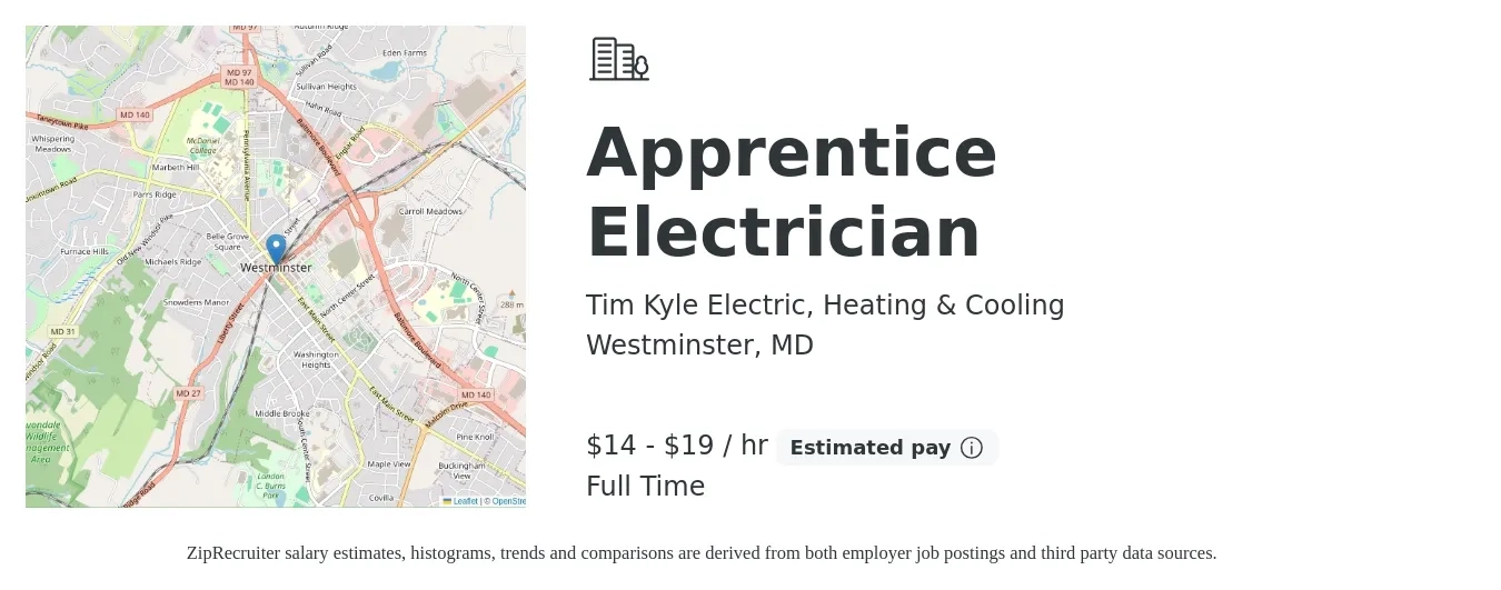 Tim Kyle Electric, Heating & Cooling job posting for a Apprentice Electrician in Westminster, MD with a salary of $15 to $20 Hourly with a map of Westminster location.