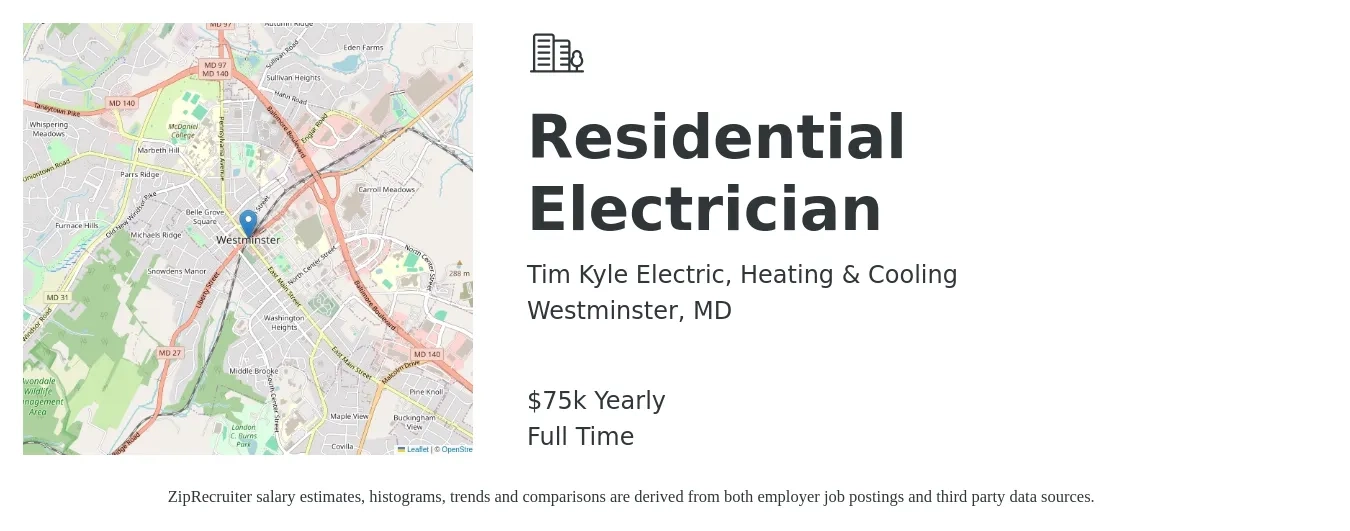 Tim Kyle Electric, Heating & Cooling job posting for a Residential Electrician in Westminster, MD with a salary of $75,000 Yearly with a map of Westminster location.