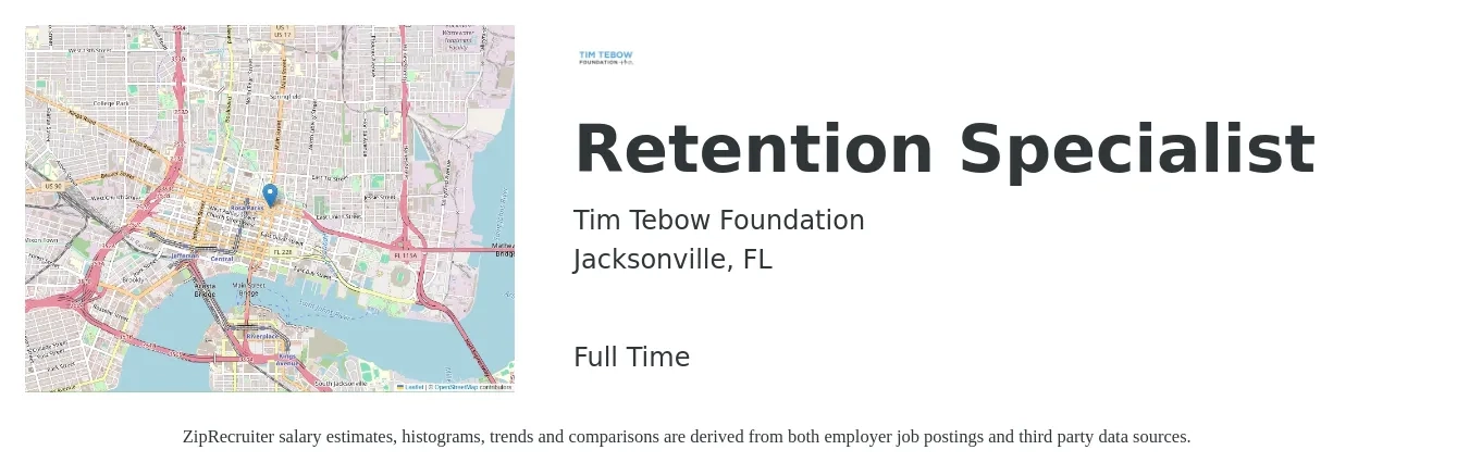 Tim Tebow Foundation job posting for a Retention Specialist in Jacksonville, FL with a salary of $46,300 to $69,000 Yearly with a map of Jacksonville location.