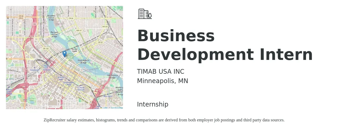 TIMAB USA INC job posting for a Business Development Intern in Minneapolis, MN with a salary of $19 to $25 Hourly with a map of Minneapolis location.