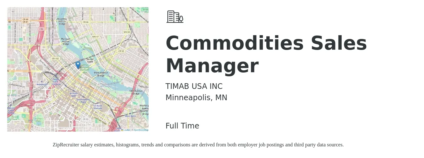 TIMAB USA INC job posting for a Commodities Sales Manager in Minneapolis, MN with a salary of $70,000 Yearly with a map of Minneapolis location.