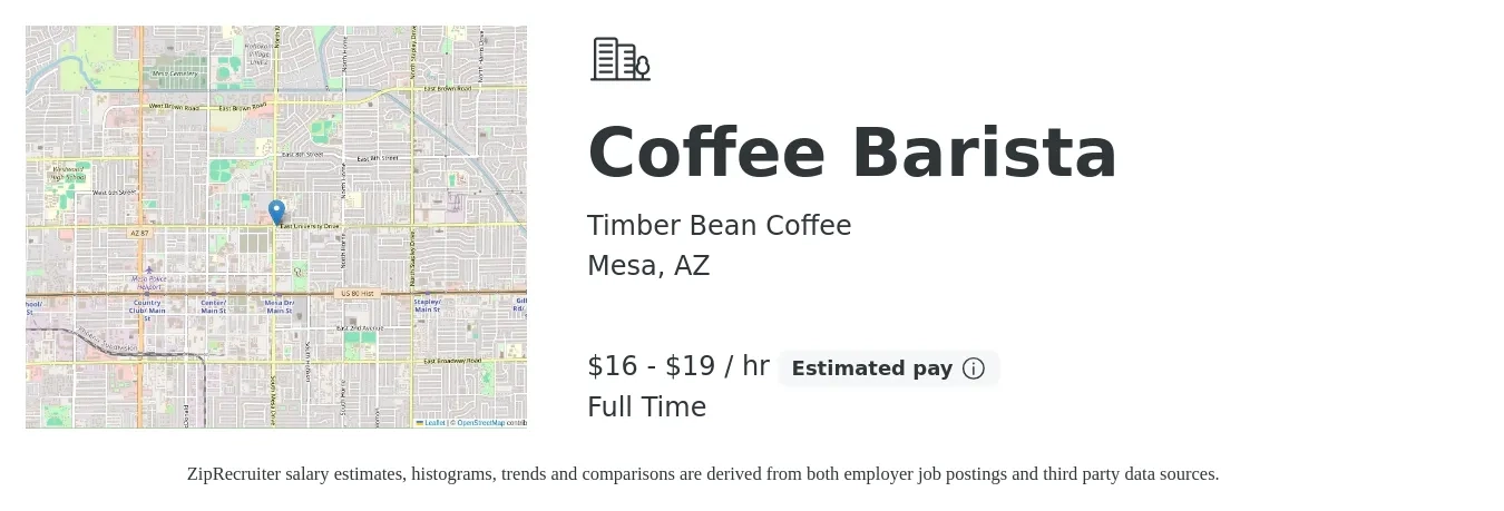 Timber Bean Coffee job posting for a Coffee Barista in Mesa, AZ with a salary of $17 to $20 Hourly with a map of Mesa location.