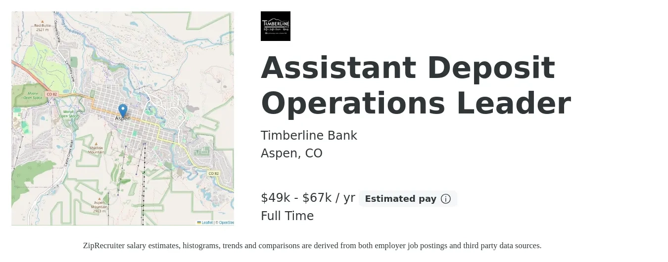 Timberline Bank job posting for a Assistant Deposit Operations Leader in Aspen, CO with a salary of $49,980 to $67,620 Yearly with a map of Aspen location.