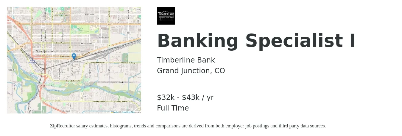 Timberline Bank job posting for a Banking Specialist I in Grand Junction, CO with a salary of $32,300 to $43,700 Yearly with a map of Grand Junction location.