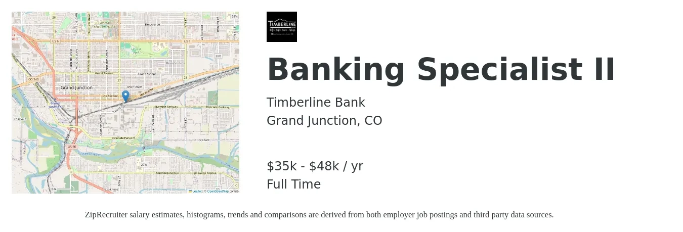 Timberline Bank job posting for a Banking Specialist II in Grand Junction, CO with a salary of $35,700 to $48,300 Yearly with a map of Grand Junction location.