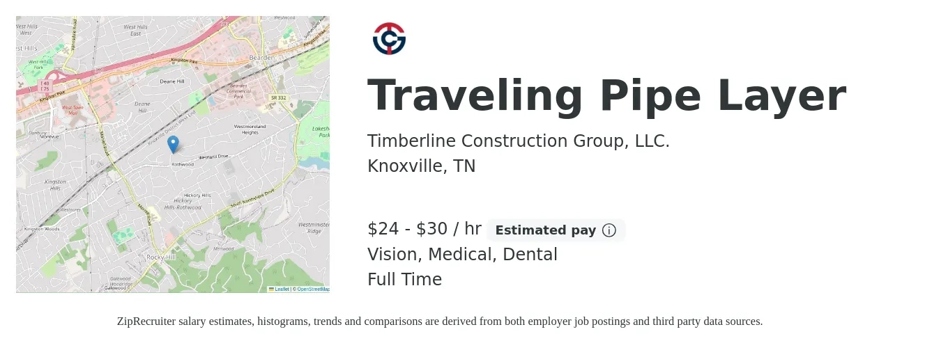 Timberline Construction Group, LLC. job posting for a Traveling Pipe Layer in Knoxville, TN with a salary of $25 to $32 Hourly and benefits including medical, pto, retirement, vision, dental, and life_insurance with a map of Knoxville location.
