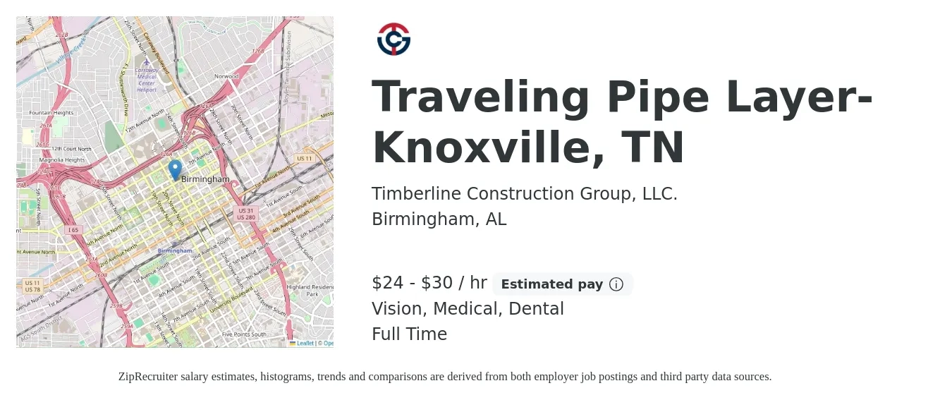 Timberline Construction Group, LLC. job posting for a Traveling Pipe Layer- Knoxville, TN in Birmingham, AL with a salary of $25 to $32 Hourly and benefits including dental, life_insurance, medical, pto, retirement, and vision with a map of Birmingham location.