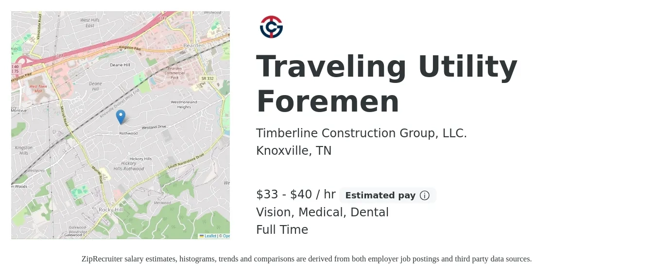 Timberline Construction Group, LLC. job posting for a Traveling Utility Foremen in Knoxville, TN with a salary of $35 to $42 Hourly and benefits including retirement, vision, dental, life_insurance, and medical with a map of Knoxville location.