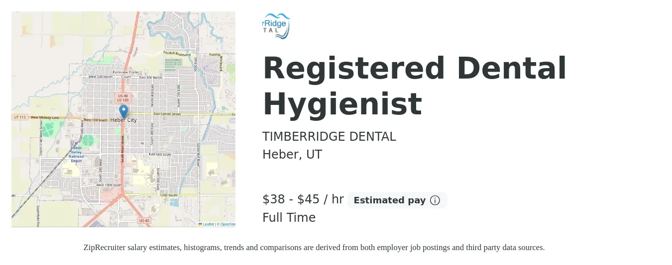 TIMBERRIDGE DENTAL job posting for a Registered Dental Hygienist in Heber, UT with a salary of $40 to $50 Hourly with a map of Heber location.
