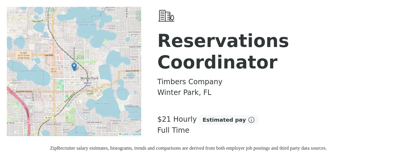 Timbers Company job posting for a Reservations Coordinator in Winter Park, FL with a salary of $22 Hourly with a map of Winter Park location.