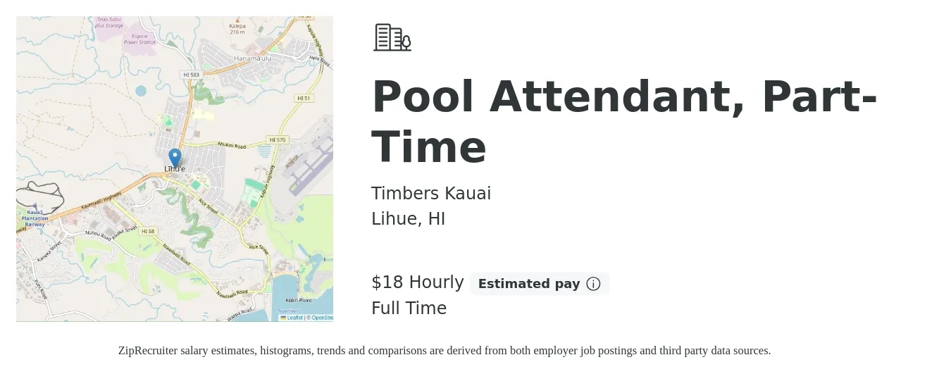 Timbers Kauai job posting for a Pool Attendant, Part-Time in Lihue, HI with a salary of $19 Hourly with a map of Lihue location.