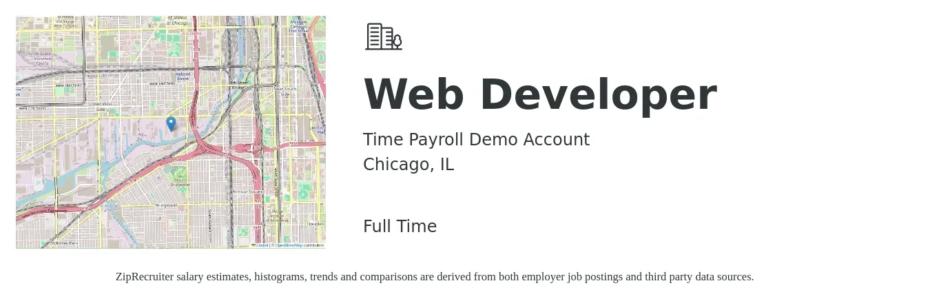 Time Payroll Demo Account job posting for a Web Developer in Chicago, IL with a salary of $37 to $58 Hourly with a map of Chicago location.