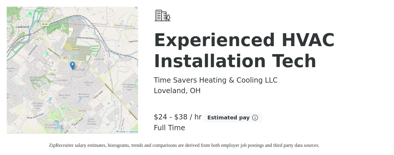 Time Savers Heating & Cooling LLC job posting for a Experienced HVAC Installation Tech in Loveland, OH with a salary of $25 to $40 Hourly with a map of Loveland location.