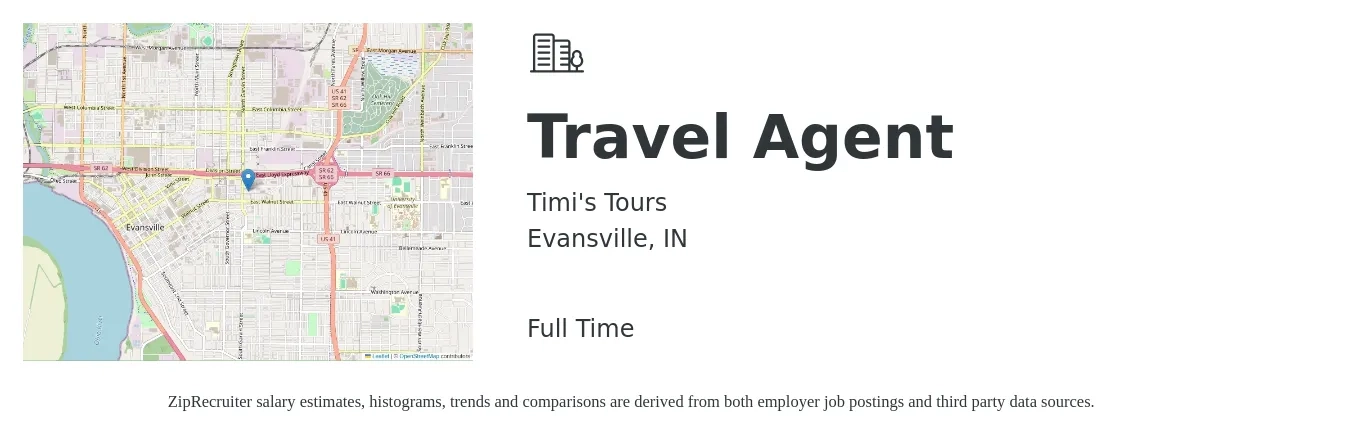 Timi's Tours job posting for a Travel Agent in Evansville, IN with a salary of $16 to $22 Hourly with a map of Evansville location.