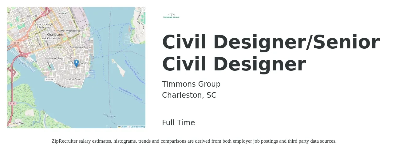 Timmons Group job posting for a Civil Designer/Senior Civil Designer in Charleston, SC with a salary of $63,200 to $88,000 Yearly with a map of Charleston location.