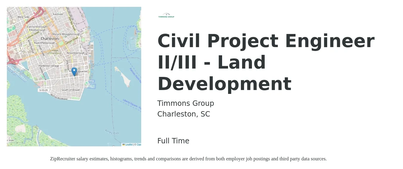 Timmons Group job posting for a Civil Project Engineer II/III - Land Development in Charleston, SC with a salary of $79,500 to $106,200 Yearly with a map of Charleston location.
