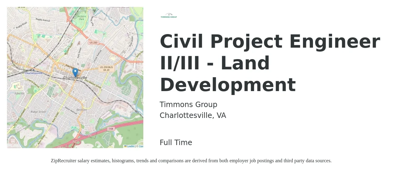 Timmons Group job posting for a Civil Project Engineer II/III - Land Development in Charlottesville, VA with a salary of $84,300 to $112,600 Yearly with a map of Charlottesville location.