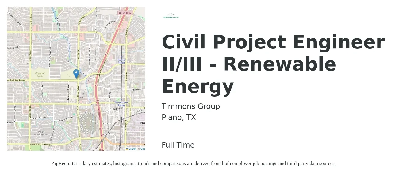 Timmons Group job posting for a Civil Project Engineer II/III - Renewable Energy in Plano, TX with a salary of $79,500 to $106,100 Yearly with a map of Plano location.