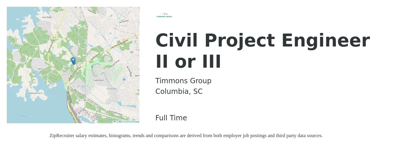 Timmons Group job posting for a Civil Project Engineer II or III in Columbia, SC with a salary of $78,600 to $105,000 Yearly with a map of Columbia location.