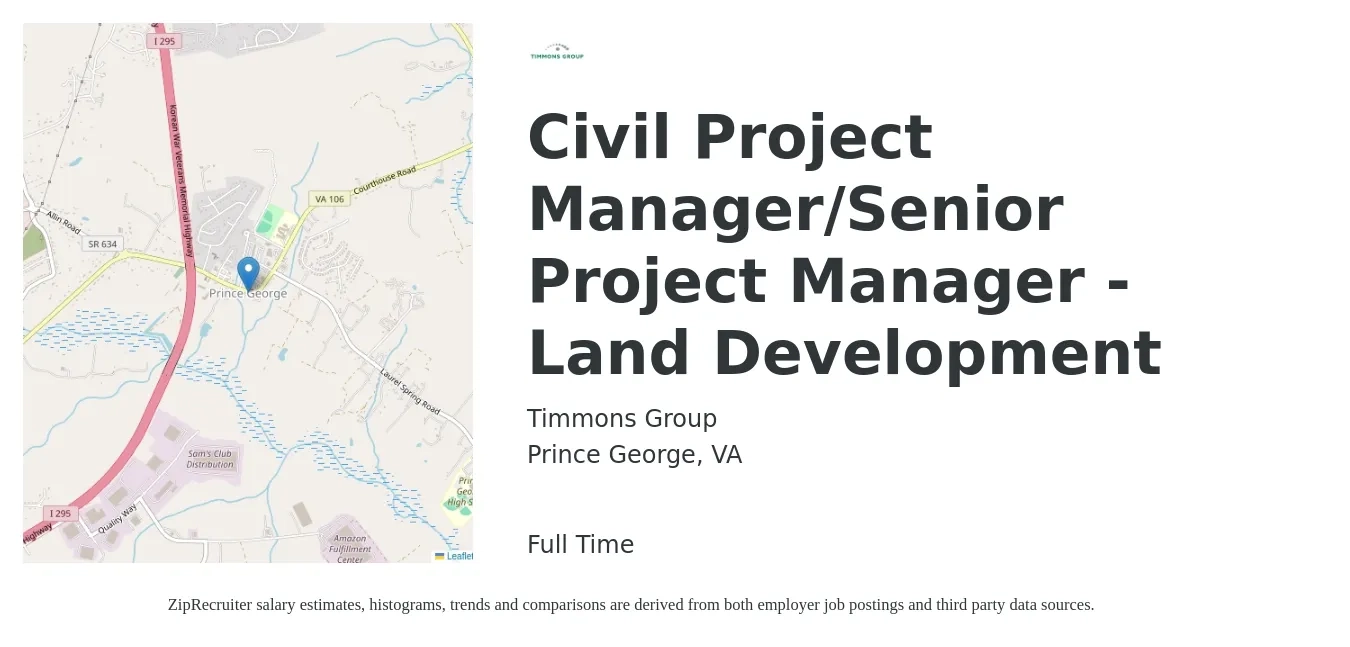 Timmons Group job posting for a Civil Project Manager/Senior Project Manager - Land Development in Prince George, VA with a salary of $102,100 to $144,000 Yearly with a map of Prince George location.
