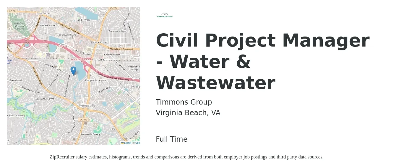 Timmons Group job posting for a Civil Project Manager - Water & Wastewater in Virginia Beach, VA with a salary of $75,600 to $100,900 Yearly with a map of Virginia Beach location.