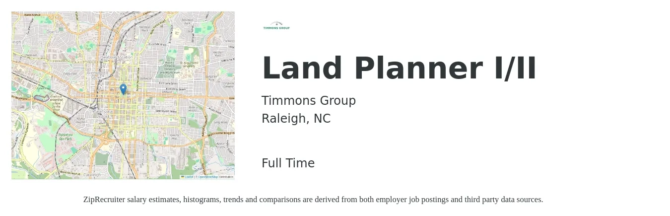Timmons Group job posting for a Land Planner I/II in Raleigh, NC with a salary of $56,100 to $86,100 Yearly with a map of Raleigh location.