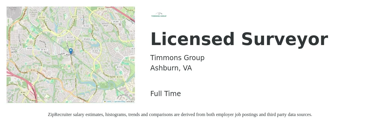 Timmons Group job posting for a Licensed Surveyor in Ashburn, VA with a salary of $81,800 to $112,000 Yearly with a map of Ashburn location.