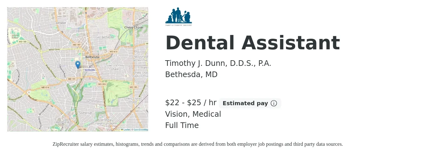 Timothy J. Dunn, D.D.S., P.A. job posting for a Dental Assistant in Bethesda, MD with a salary of $23 to $27 Hourly and benefits including vision, medical, pto, and retirement with a map of Bethesda location.