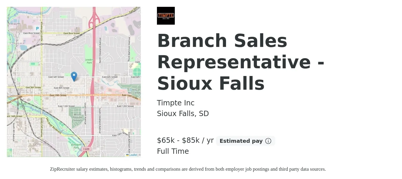 Timpte Inc job posting for a Branch Sales Representative - Sioux Falls in Sioux Falls, SD with a salary of $65,000 to $85,000 Yearly with a map of Sioux Falls location.