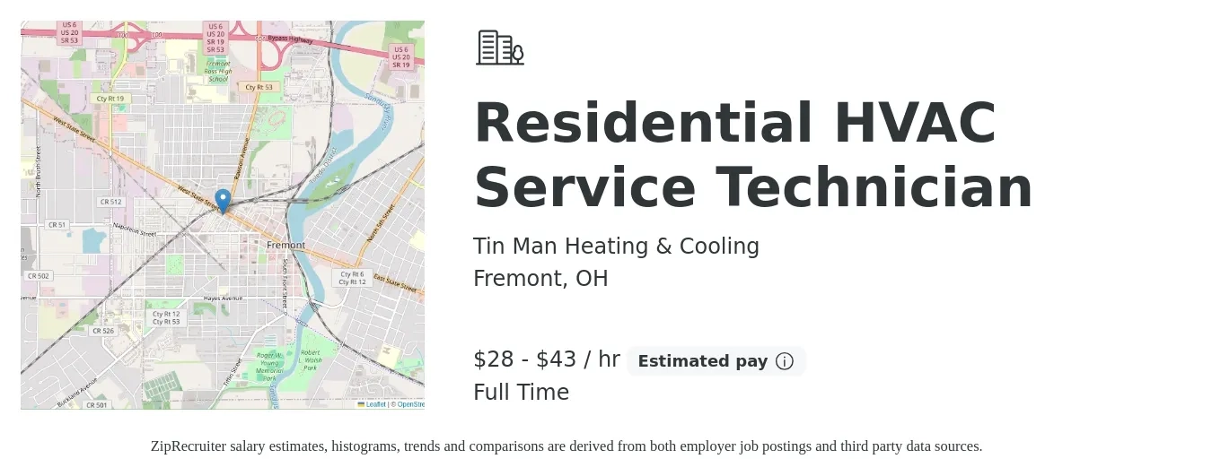 Tin Man Heating & Cooling job posting for a Residential HVAC Service Technician in Fremont, OH with a salary of $30 to $45 Hourly with a map of Fremont location.