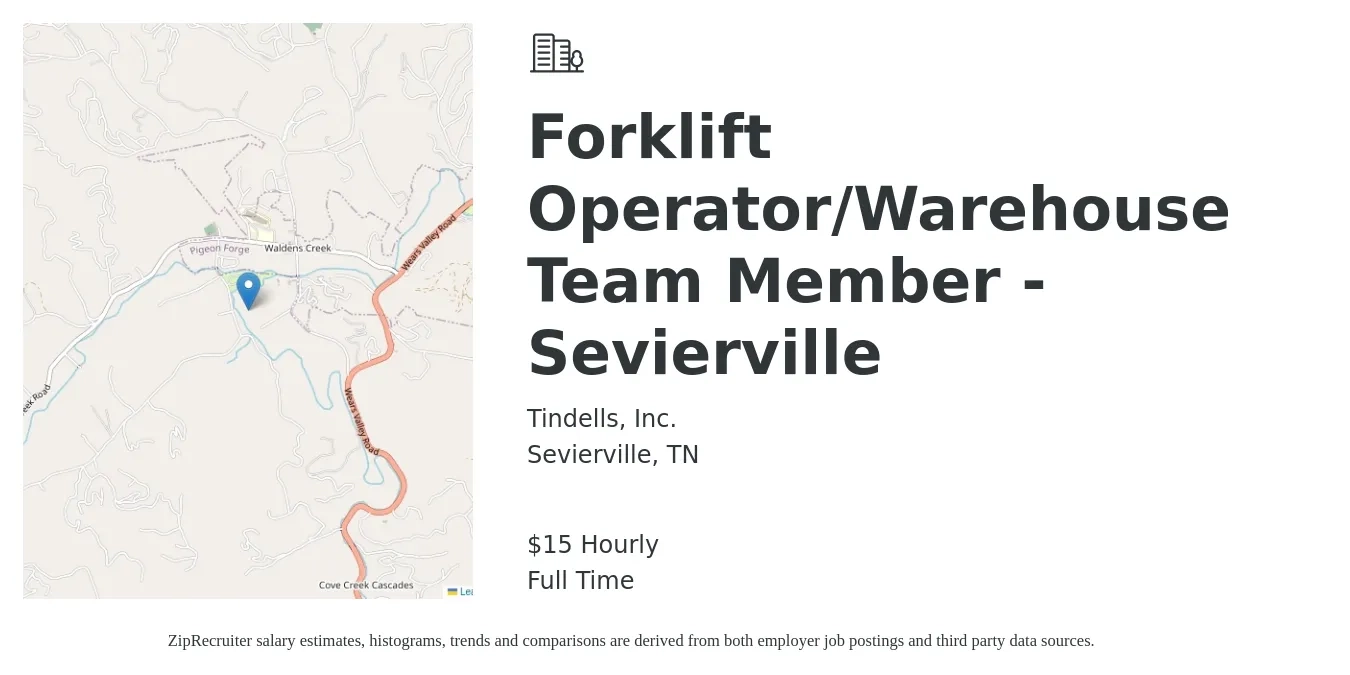 Tindells, Inc. job posting for a Forklift Operator/Warehouse Team Member - Sevierville in Sevierville, TN with a salary of $16 Hourly with a map of Sevierville location.