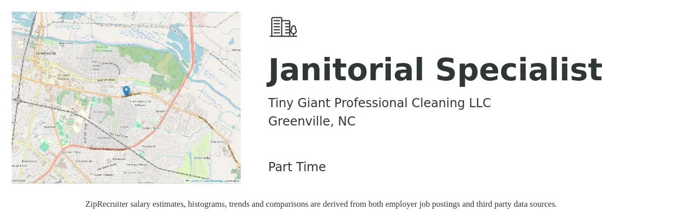 Tiny Giant Professional Cleaning LLC job posting for a Janitorial Specialist in Greenville, NC with a salary of $14 Hourly with a map of Greenville location.