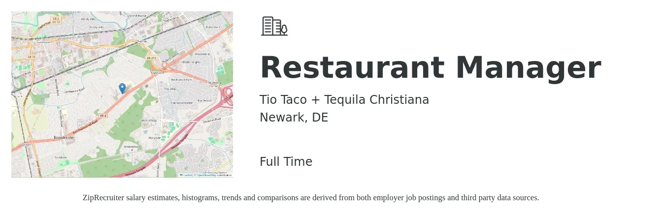 Tio Taco + Tequila Christiana job posting for a Restaurant Manager in Newark, DE with a salary of $60,000 to $75,000 Yearly with a map of Newark location.