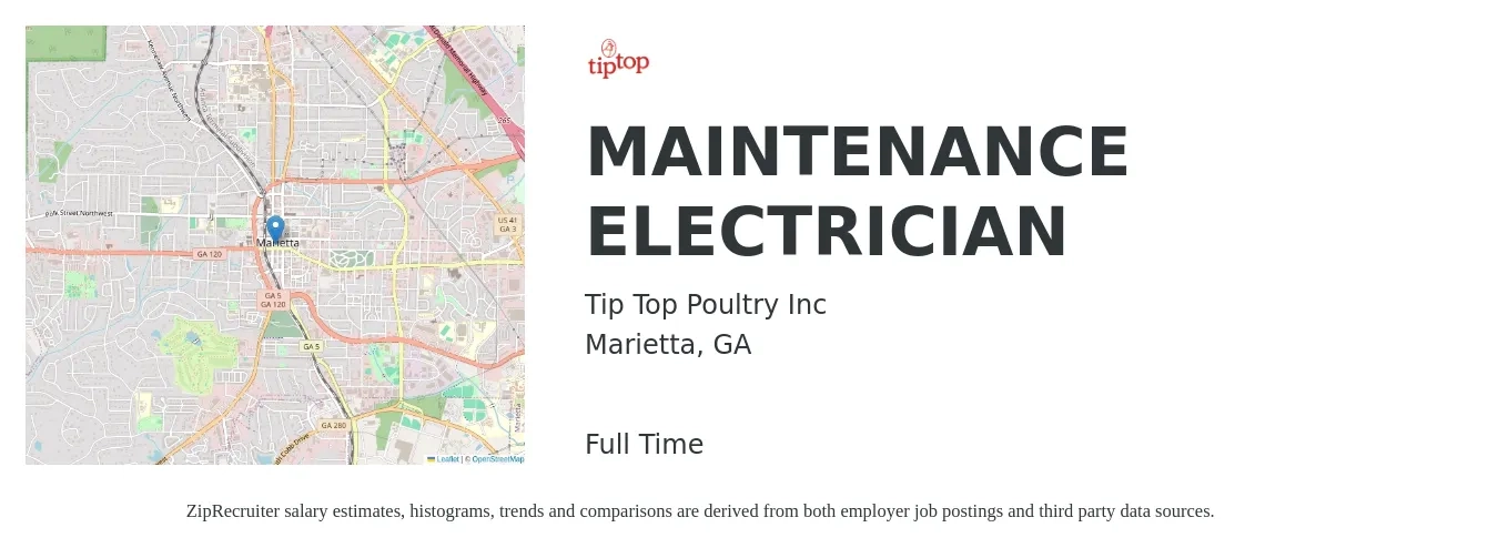 Tip Top Poultry Inc job posting for a MAINTENANCE ELECTRICIAN in Marietta, GA with a salary of $26 to $33 Hourly with a map of Marietta location.