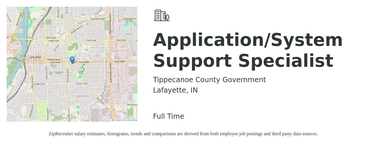 Tippecanoe County Government job posting for a Application/System Support Specialist in Lafayette, IN with a salary of $2,166 Monthly with a map of Lafayette location.