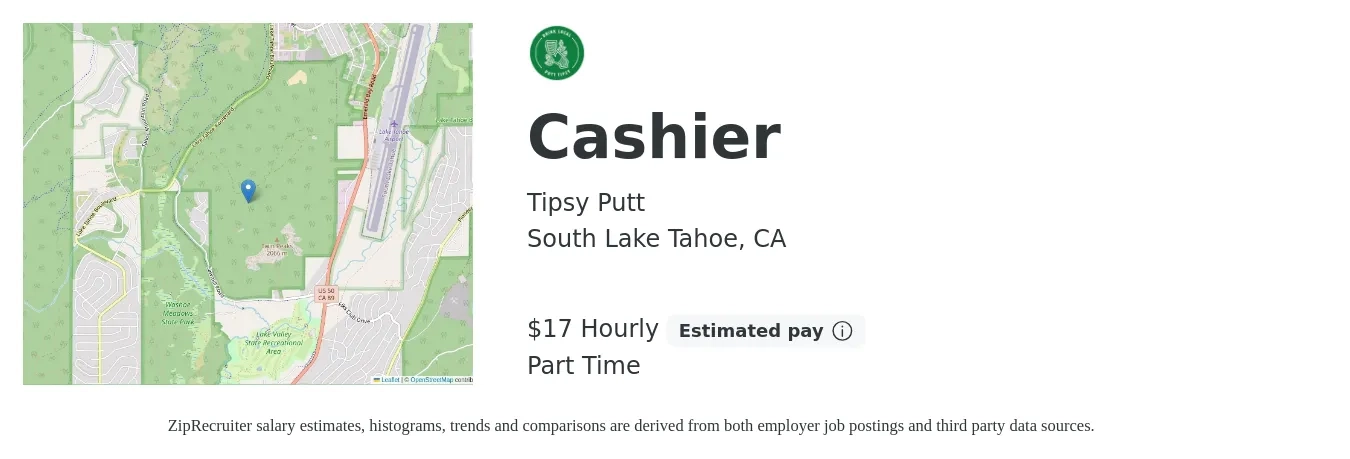 Tipsy Putt job posting for a Cashier in South Lake Tahoe, CA with a salary of $18 Hourly with a map of South Lake Tahoe location.