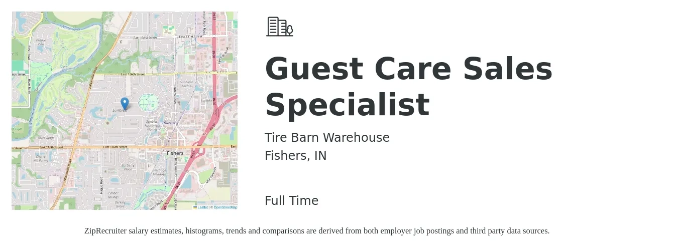 Tire Barn Warehouse job posting for a Guest Care Sales Specialist in Fishers, IN with a salary of $14 to $17 Hourly with a map of Fishers location.