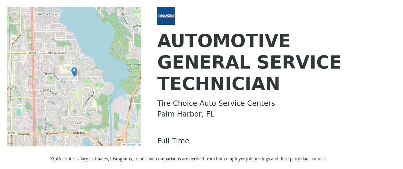 Tire Choice Auto Service Centers job posting for a AUTOMOTIVE GENERAL SERVICE TECHNICIAN in Palm Harbor, FL with a salary of $17 to $27 Hourly with a map of Palm Harbor location.
