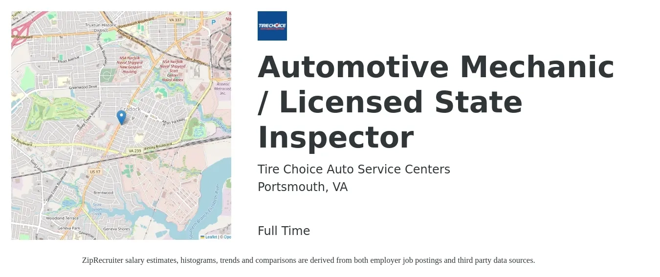 Tire Choice Auto Service Centers job posting for a Automotive Mechanic / Licensed State Inspector in Portsmouth, VA with a salary of $21 to $34 Hourly with a map of Portsmouth location.