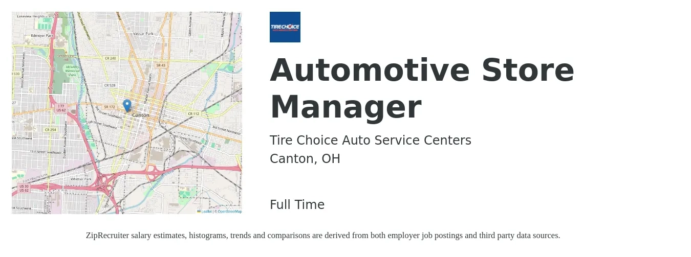 Tire Choice Auto Service Centers job posting for a Automotive Store Manager in Canton, OH with a salary of $38,800 to $60,300 Yearly with a map of Canton location.