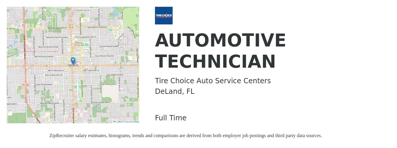 Tire Choice Auto Service Centers job posting for a AUTOMOTIVE TECHNICIAN in DeLand, FL with a salary of $19 to $31 Hourly with a map of DeLand location.