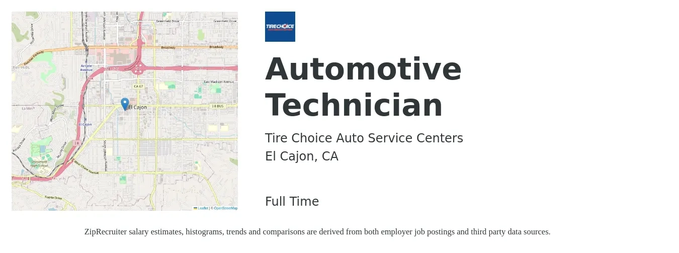 Tire Choice Auto Service Centers job posting for a Automotive Technician in El Cajon, CA with a salary of $16 to $25 Hourly with a map of El Cajon location.