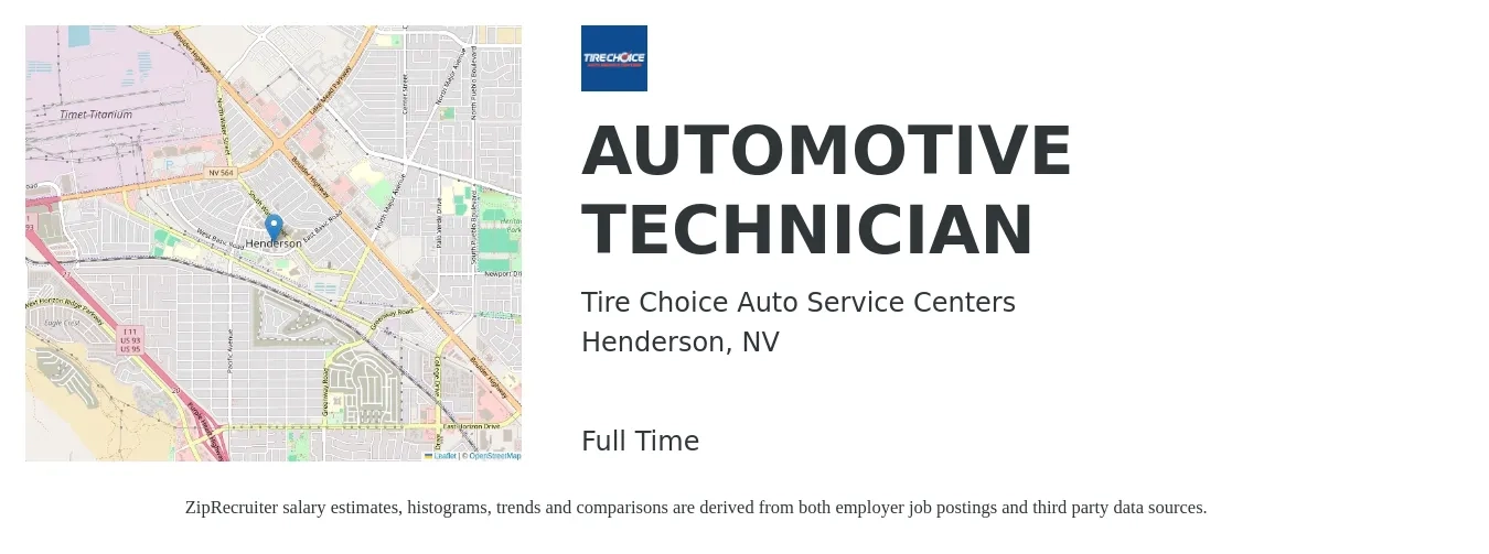 Tire Choice Auto Service Centers job posting for a Automotive Technician in Henderson, NV with a salary of $20 to $32 Hourly with a map of Henderson location.