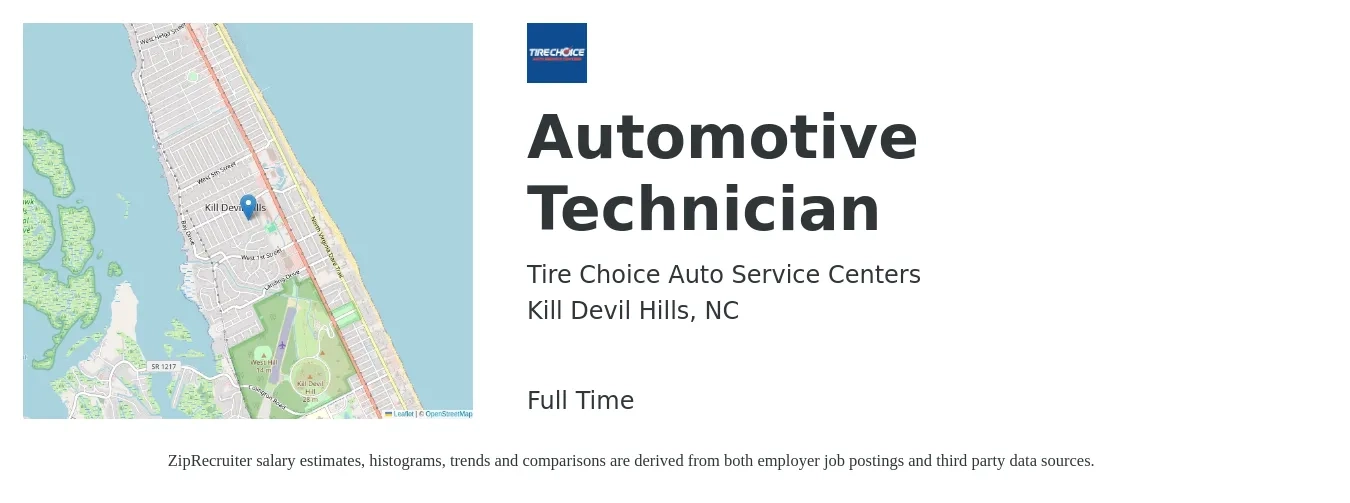 Tire Choice Auto Service Centers job posting for a Automotive Technician in Kill Devil Hills, NC with a salary of $20 to $32 Hourly with a map of Kill Devil Hills location.