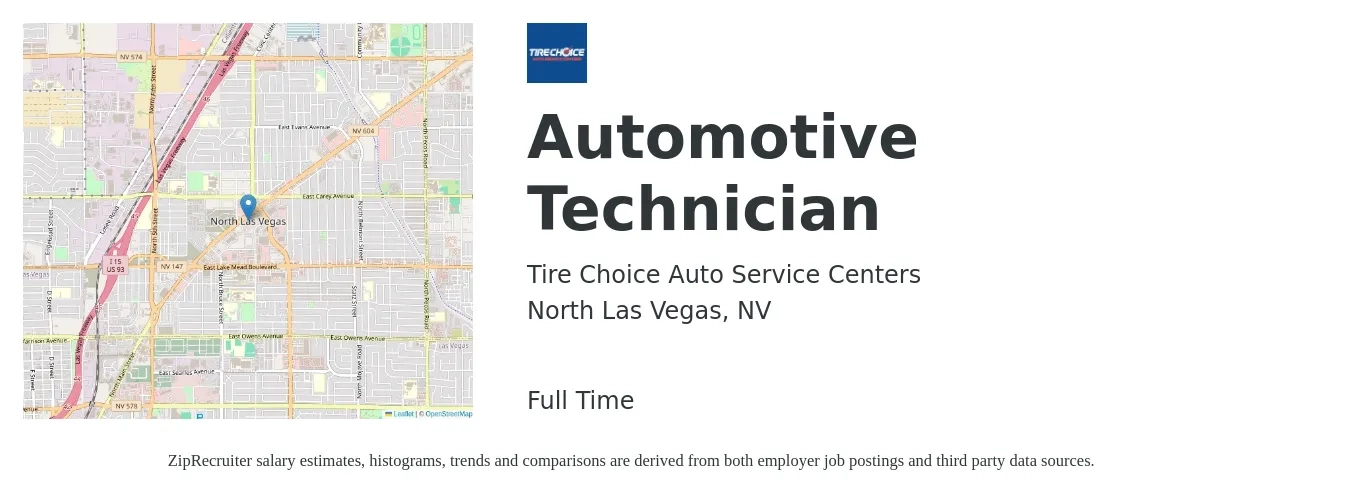 Tire Choice Auto Service Centers job posting for a Automotive Technician in North Las Vegas, NV with a salary of $21 to $33 Hourly with a map of North Las Vegas location.