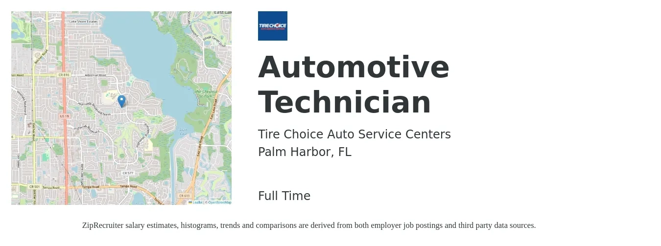 Tire Choice Auto Service Centers job posting for a Automotive Technician in Palm Harbor, FL with a salary of $19 to $30 Hourly with a map of Palm Harbor location.