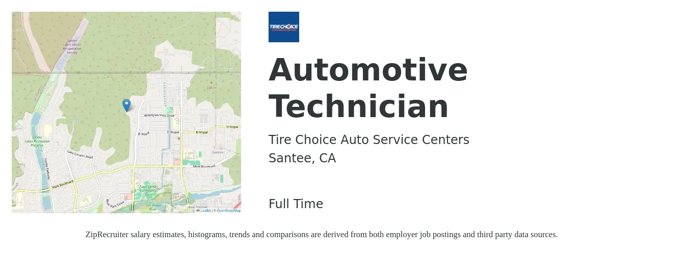 Tire Choice Auto Service Centers job posting for a Automotive Technician in Santee, CA with a salary of $17 to $28 Hourly with a map of Santee location.