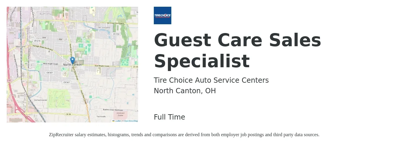 Tire Choice Auto Service Centers job posting for a Guest Care Sales Specialist in North Canton, OH with a salary of $14 to $18 Hourly with a map of North Canton location.