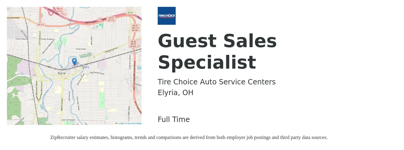 Tire Choice Auto Service Centers job posting for a Guest Sales Specialist in Elyria, OH with a map of Elyria location.